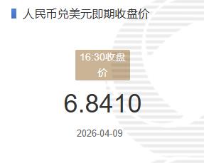 4月10日人民币兑美元即期收盘价报6.8333较上一交易日下跌77个基点