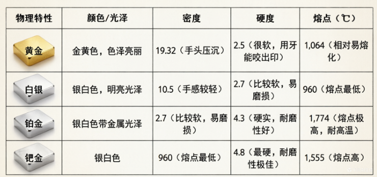 黃金、白銀、鉑金、鈀金的物理區(qū)別