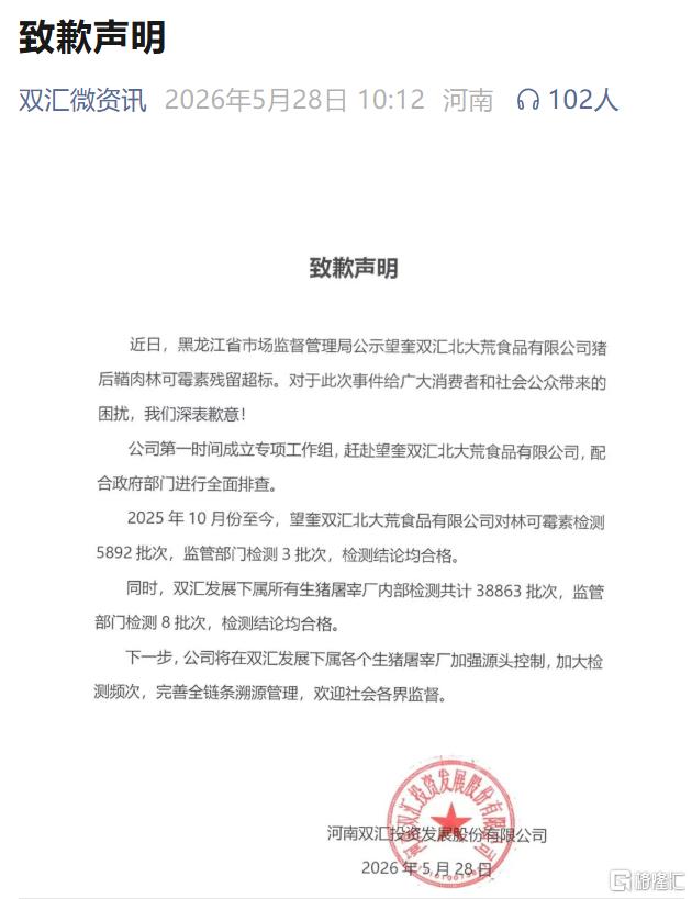 豬肉抗生素超標37.5倍！雙匯發(fā)文致歉