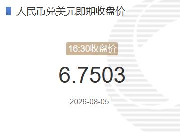 8月5日人民币兑美元即期收盘价报6.7503 较上一交易日调增30个基点